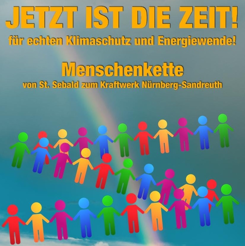 Text: Jetzt ist die Zeit für echten Klimaschutz und Energiewende Menschenkette