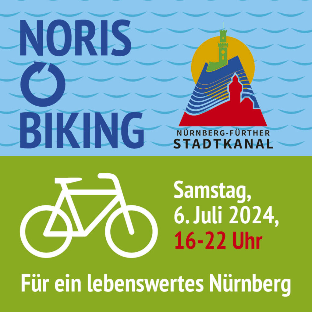 Das Bild zeigt u.a. ein Fahrrad und Text: 
Noris Biking, Nürnberg-Fürther Stadtkanal