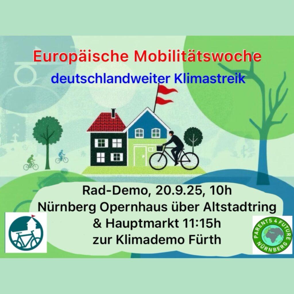 Wir treffen uns um 10:00 am Opernhaus, radeln über den Altstadtring und Hauptmarkt zur Klimademo nach Fürth.
